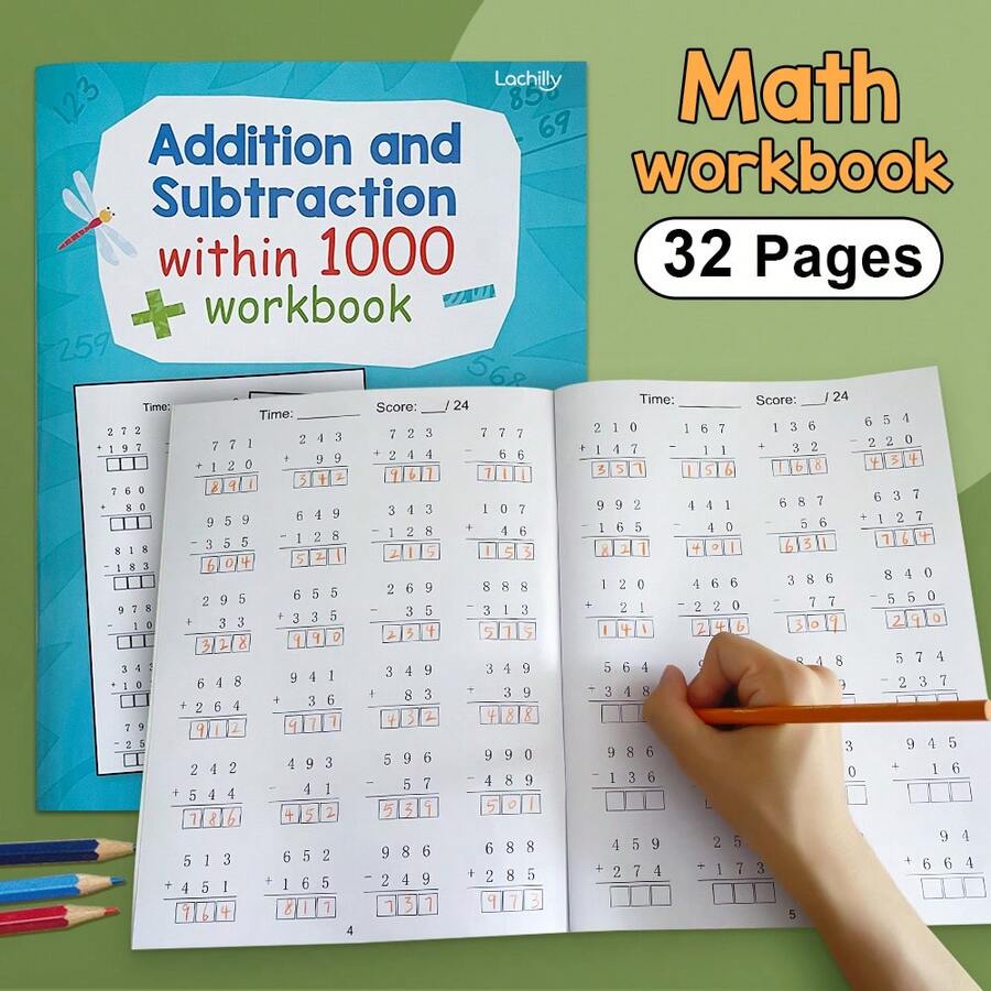 Lachilly Libro de práctica de suma y resta hasta 1000, 32 páginas, entrenamiento de cálculo rápido de matemáticas para niños, cuaderno de ejercicios de matemáticas de escuela primaria