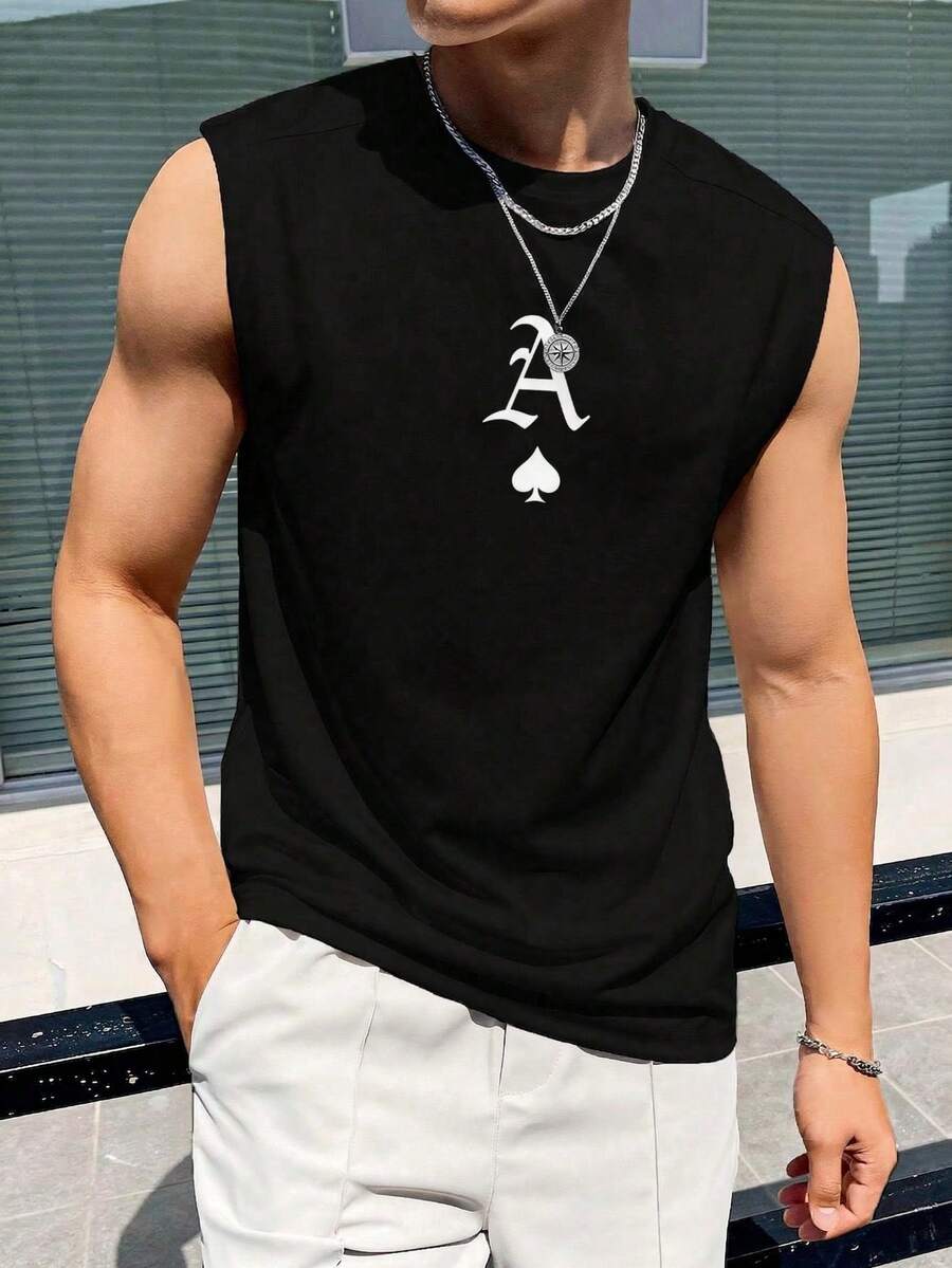 1pc Men's Vintage Black Spade Print Wide Shoulder Tank Top, New Summer Casual Slim Fit Sleeveless T-Shirt For Running, Fitness, Street Style