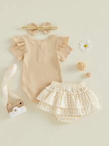 Newborn Baby Girl Summer Clothes Infant Baby Girls Summer Outfit Ribbed Knit Short Sleeve Romper Elastic Waist Plaid Shorts Ruffled Skirts Headband Set - 卡其色 - 查看 6