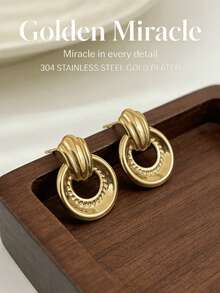 1 Pair Vintage Retro Stainless Steel Vertical Stripe Double Hoop Earrings For Women, Daily Commute Jewelry - Multicolor - View 4