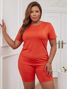 Astrid Conjunto camiseta unicolor con shorts biker sin bolso - Naranja - Ver 2