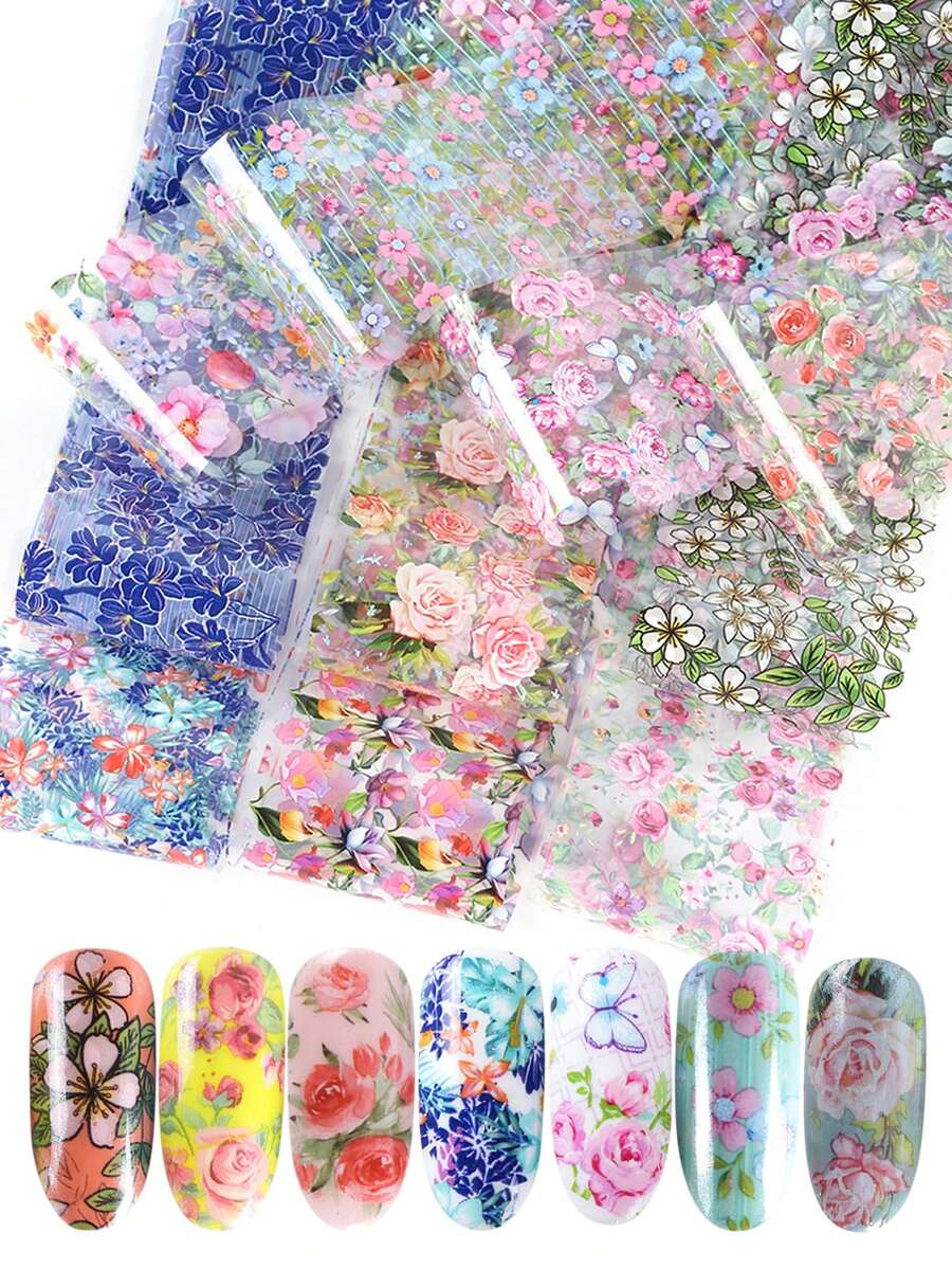 10张花卉美甲转印贴纸,包含彩色花朵、玫瑰和蝴蝶图案,适合春夏植物主题美甲装饰,DIY美甲用品,女士适用。 - 彩色 - 查看 1