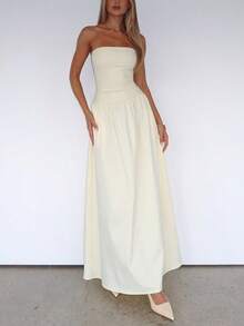 PEONY Women's Elegant French Style Solid Color Strapless Sleeveless Waist Flared Dress, Yellow, Suitable For Summer Vacation, Birthday Party, Fairy Style, Festivals, Outdoor, Graduation Ceremony, Casual Evening, Garden, Party - Light Yellow - View 9