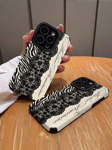 1个复古黑色蕾丝斑马纹英文竖款仿皮手机壳，防刮耐磨，优雅柔软，适合作为生日、节日礼物送给朋友、家人、情侣，适用于 17/17 Air/17 Pro/17 Pro Max、16/16 Plus/16 Pro/16 Pro Max、15/15 Plus/15 Pro - 彩色 - 查看 2