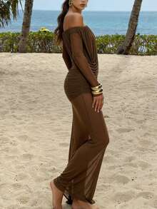 Mesh Patchwork Dress Women Sexy Summer Off The Shoulder Chiffon See Through A Line Elegant Long Sleeve Party Spring - Brown - View 2
