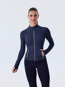 Women's High-Stretch Sculpting BBL Jacket With Thumb Holes Gold Zip Stand Collar Multi-Occasion Activewear Top - Xanh hải quân/Vàng thật - Xem 2