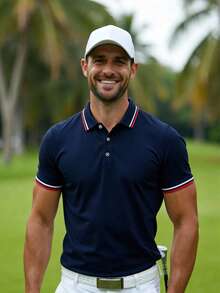 Men's Contrast Trim Golf Polo Shirt, Half Button Collar Color Block Business Casual Work For Boyfriend Gift, For Golf, For Daily Wear, For Summer - Navy Blue - View 1
