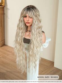 7JHH WIGS 渐变金色超长卷发假发，36英寸优雅超长波浪假发，带刘海，深色发根，高品质无胶合成耐热纤维发丝，全机织，美观大方，适合日常佩戴、音乐节派对街头装扮、动漫角色扮演或服装搭配，也是女孩毕业礼物和假发配件的理想之选。 - 漸變金色 - 查看 5