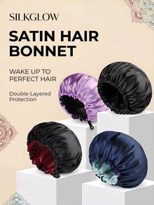 Awegeo 1pc Women's Solid Color Double-Layer Satin Sleep Cap, Adjustable Drawstring & Button, Fashionable Sleep Hat, Daily Wear, Hair Protection & Styling, Mother's Day - Royal Blue - View 7