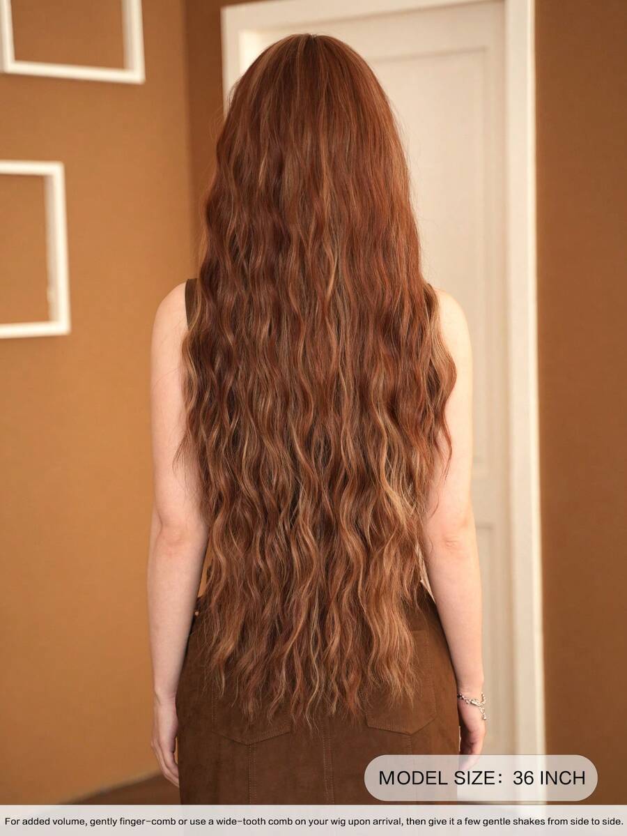 7JHH WIGS 36英吋銅棕色長捲髮女用假髮，優雅超長波浪髮型附瀏海，混金挑染，高品質免膠耐熱合成纖維，全機製，適合日常配戴、音樂節、派對、街頭、Cosplay、動漫或角色扮演，女孩畢業禮物及假髮配件