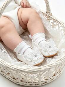 女婴公主玛丽珍鞋 婴儿学步鞋 蕾丝花朵学步鞋 婴儿床鞋 镶钻软底防滑白色洗礼服鞋 - 白色 - 查看 9