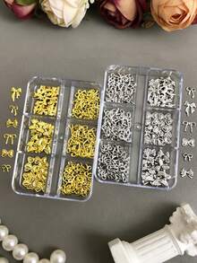 6-Grid Gold Silver Alloy Ribbon Bow Patch Y2K Style Nail Decoration Accessory Set, Nail Decoration Metal Patch, Odorless Cool And Fashionable Subculture Style, Suitable For Nail Decoration, DIY Handmade Decoration Of Phone Cases, Japanese Versatile DIY Nail Phone Case Multifunctional Decoration Design Patch, Mixed Bow Nail Beauty Product, Nail Gemstone, Designed Nail Decoration For Parties, Parties, And Parties. - Multicolor - View 3