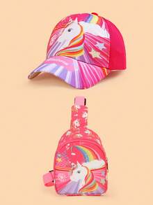 Set de 2 piezas: Gorra de béisbol de unicornio y bolso de pecho para niños de 3 a 5 años, dulce y lindo protector solar, ligero y cómodo, correa ajustable para la cintura, adecuado para uso diario, viajes y vacaciones, gran regalo para niños - Multicolor - Ver 6