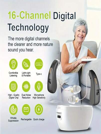 耳背式助听器，可充电助听器，带充电盒，符合人体工程学设计，音质清晰，佩戴方便，适合老年人和成人使用。