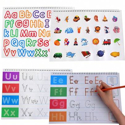 Lachilly Sách tập viết chữ cái ABC kèm sticker, sách luyện viết chữ, vở thư pháp, trò chơi đọc, phù hợp cho trẻ mẫu giáo, nhà trẻ, tài liệu học tập giáo dục, đồ chơi giáo dục, đồ dùng học tập