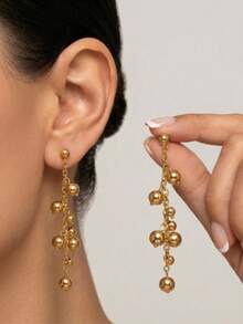 1 Đôi bông tai bằng thép không gỉ kiểu Âu và Mỹ với tua rua và hạt cườm, thiết kế tối giản nhưng nổi bật, đa năng. - Vàng - Xem 9