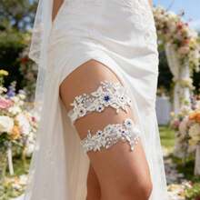 Bridal Garter, Lace Pearl Thigh Garter, Elastic Floral Leg Accessory, Wedding Favor, Bachelorette Party & Evening Dress Accessory - Blue - View 6