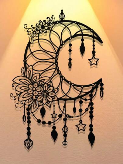 Elegant Gothic Crescent Floral Metal Wall Decor - Intricate Design With Beads And Stars | Suitable For Home, Office, Cafe Decoration | Easily Hanging Handmade Ornament For Living Room, Bedroom, Patio, Kitchen, Garden | Ideal Housewarming Or Birthday Gift