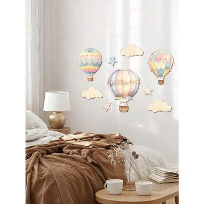 9pcs Hot Air Balloon Wooden Wall Decor Set Includes Clouds & Stars, Suitable For Bedroom, Classroom & Play Room, Easy To Hang, Colorful Wall Art, Classic Design