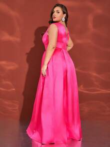 Plus Size Women's Round Neck Hollow Mesh Splice Sleeveless Charming Magenta Backless V-Neck Maxi Party Formal Dress - Hot Pink - View 6