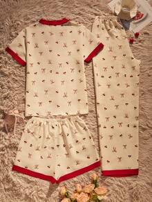 3pcs/Set Women's Comfortable Loose Cherry Pattern Bow Print Pocket Front Button Short Sleeve Shorts & Pants Pajama Set, Spring/Summer - Beige - View 2