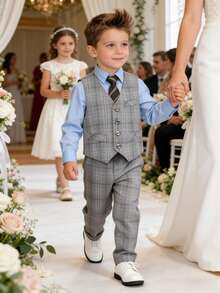 Young Boy Plaid Single-Breasted Tie Decor Vest Top And Pants Formal Suit, Suitable For Host - Light Grey - View 7