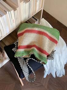 Black & White Zebra Stripe Shoulder Strap Woven Bag, Relaxed Vibe Vacation Beach Casual Shoulder Bag, Versatile Everyday Commute Shopping Tote, Woven Bag For Beach Trip, Student - Green - View 12