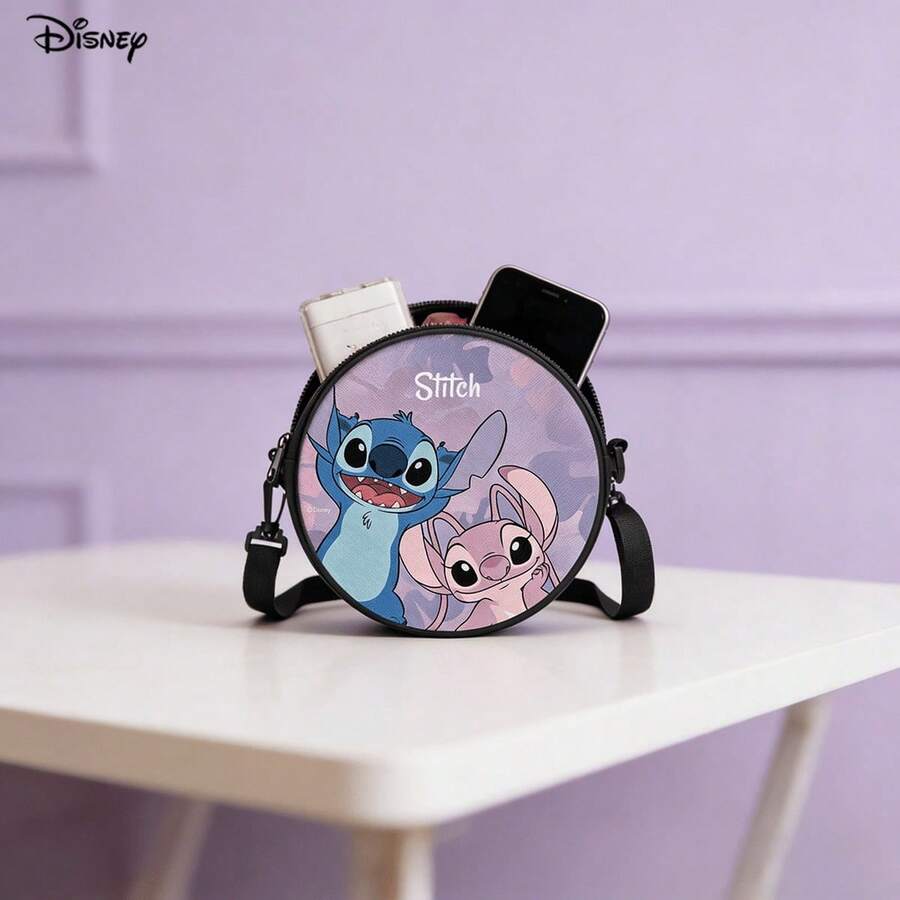 Disney Stitch & Angel Round Crossbody Bag, Multifunctional Small Round Backpack Suitable For Casual Travel, Shopping, Lightweight Durable Polyester Shoulder Bag With Zipper - One Size - View 1