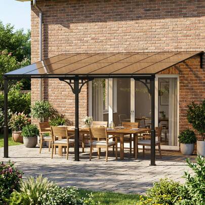 Outsunny 13' X 10' Outdoor Pergola, Wall Mounted Hardtop Lean-To Gazebo With Polycarbonate Roof And Metal-Aluminium Frame, Heavy Duty Metal Pergola For Patio Deck Backyard, Brown