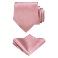 1 Set Men Solid Color 8cm Necktie And Pocket Square Set, Satin Tie And Handkerchief Set, Business Necktie And Pocket Square Men Necktie - Dusty Pink - View 3