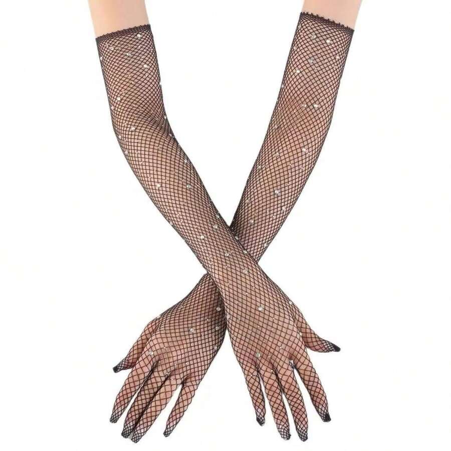 1 Pair Rhinestone Fishnet Gloves – Long Mesh Fingerless Gloves For Party, Clubbing, Cosplay & Aesthetic Outfits - Color - View 1