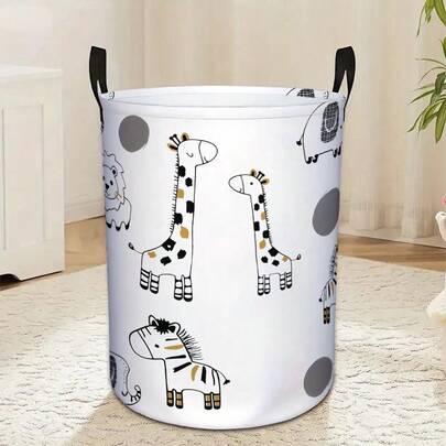 1PC Minimalist Line Art Giraffe, Zebra, And Lion Patterned Laundry Basket, Portable Round Storage Bin, Multipurpose Baby Toy Storage, Children's Bedroom Decoration