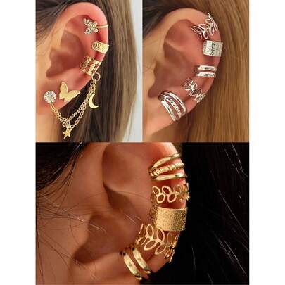 1 Set Of 5pcs C-Shaped Ear Clips, Hollow Leaf Design Non-Piercing Earrings, Rhinestone Butterfly Hollow Non-Piercing Cartilage Earrings, Fashion Star & Moon Linked Ear Cuffs 4pcs Set
