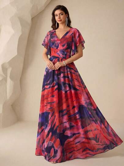 SUPGIR [Họa tiết hoa cắt ngẫu nhiên] Váy maxi chiffon tay ngắn, cổ chữ V, in họa tiết hoa kỹ thuật số màu nước, viền hoa, dáng suông