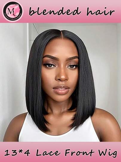 13X4 Clear Lace Front Wig Short Straight Bob Wig - 180% Density Blended Hair, Weave Any Style, Glueless Wig, Natural Hairline, Suitable For Daily Party 6-16 Inch, Natural Black(Blended Wigs-A Mix Of Human Blended Hair And Synthetic)Wigs Human Blended Hair/Women's Human Blended Hair Wig/Human Blended Hair Lace Front Wigs/Wigs Glueless/Bleached Knots/Lace Wig/Costume Party/Halloween
