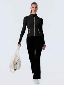 Women's High-Stretch Sculpting BBL Jacket With Thumb Holes Gold Zip Stand Collar Multi-Occasion Activewear Top - 黑/金 - 查看 4