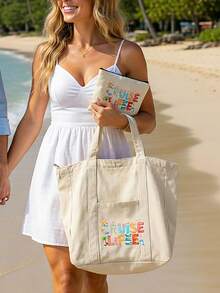 Handbag And Matching Makeup Bag, Beach Sunshine Pattern, Printed With "Sun, Whale, Coconut Tree" Pattern, Simple Shopping Bag, Beige Casual Style, Portable Toiletry Bag, Backpack, Large Capacity, Portable, Suitable For Teenagers, Girls, Women, College Students, White-Collar Workers, Perfect For Work, Back To School, Middle School, High School, University, Holidays, Teacher's Day Gift - Multicolor - View 2