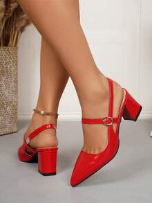 1 Pair Women's Elegant French Style Red Patent Leather Mary Jane Mid-Heel Sandals; Women's 2026 Summer New Slim Strap Buckle Decor Block Heel Commuting & Date Chic Pointed Toe Sandals - Red - View 3