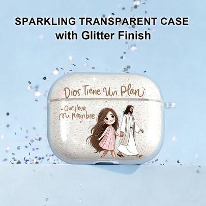 Cute Illustrated Girl In Pink Dress Holding Hands With Jesus, With Spanish Text "Dios Tiene Un Plan, Que Lleva Mi Nombre", Transparent Glitter Split-Case For Airpods4/Airpods3/Airpods2/AirpodsPro/AirpodsPro 2/AirpodsPro 3, High-Quality Item, Unique Design, Perfect Holiday Gift For Family And Friends