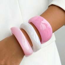 1 Set Of 3 Pink Resin Asymmetrical Round Bracelet & Bangle Set, Fashion Accessories For Stacking, Suitable For Summer, Beach, Party Wear - Pink - View 5