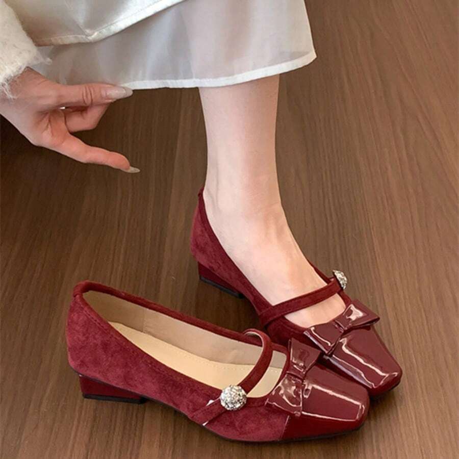 Giày cao gót nữ thời trang thường ngày, đa năng, kiểu nơ, đính đá, mũi vuông. - Đỏ - Xem 1