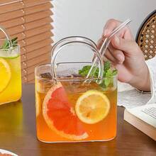 1-2 piezas Taza de vidrio con forma de bolso de gran capacidad de 700ml con asa y pajita, taza de jugo creativa. Hecha de vidrio borosilicato de alta transparencia, vajilla reutilizable. Adecuada para almacenar jugo, bebidas heladas, leche con té, café. Suministros únicos para el hogar y la cocina al aire libre. Adecuado para invierno y verano. Regalo único. - Multicolor - Ver 7