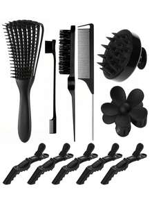 美发造型工具套装：空心直发梳、干湿两用按摩梳、花朵发夹、黑色发梳套装、方格梳、空心直发梳、干湿两用按摩梳、造型发夹、钩状宽齿梳、解结梳、尖尾梳、洗发按摩梳，适合自然卷发 - 彩色 - 查看 9