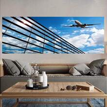 2D Plano, 1 pieza Moderno Marco Horizontal - Avión Volando sobre Paisaje Urbano Tinta en Pintura sobre Lienzo, Marco Horizontal Envolvente Adecuado para Dormitorio, Oficina - / Decoración con Temática de Aviación, Regalo de Navidad de Otoño e Invierno, 2D Plano - Enmarcado - Ver 4