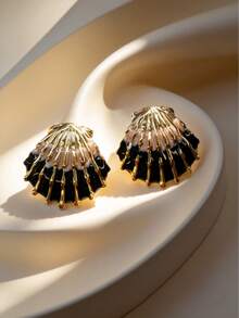 1 Pair Minimalist Black Pink Enamel Shell Earrings, Versatile Gold Plated Jewelry For Women, Great Mother's Day Gift For Office, Casual & Family Gathering - Multicolor - View 3