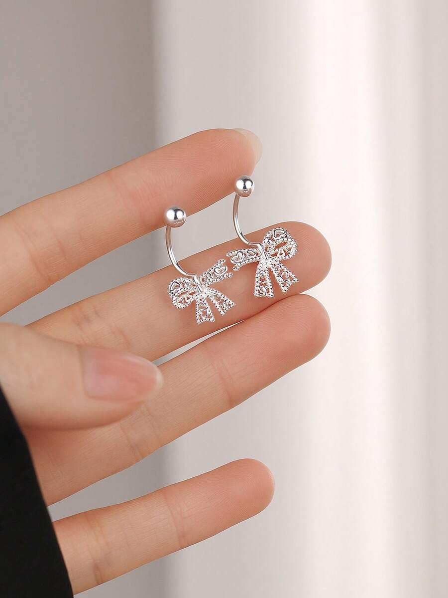 1 Đôi bông tai hình nơ rỗng bằng bạc Sterling S925, kiểu dáng tinh tế, ngọt ngào, phong cách nữ tính, độc đáo, cá tính, thời trang Y2K dành cho nữ - nơ - Xem 1