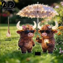 2D Flat Acrylic Illuminated Highland Cow With Umbrella Flower Garden Decor Stake, Outdoor Yard Garden Lawn Decoration, Ideal Gift For Friends, Garden & Lawn Decor - 520 - View 6