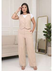 Women's Tailored Set: Vest And Wide-Leg Pants. Elegant, Casual, Chic, Modern, Conservative/Modest. Party/Fabric. Buttons Down The Front. Gathered Waist. Women's Formal Set. Office/Baby Shower/Formal And Evening. Holidays/Home/Summer, Spring And Autumn. - 米色 - 查看 4
