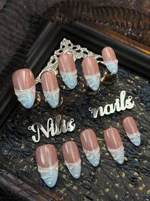 Bộ 10 móng giả thủ công phủ kín toàn bộ, hình móng hạnh nhân, màu xanh nhạt, nhuộm tie-dye xanh nhạt, vẽ tay các gợn sóng và giọt nước trong suốt 3D, phong cách mùa hè đơn giản và ngọt ngào, bộ dụng cụ làm móng nghệ thuật phong cách Y2K, vật liệu làm móng acrylic phù hợp cho phụ nữ và bé gái dùng trong các lễ hội, hàng ngày, tụ họp, tiệc tùng (bao gồm: một miếng keo dán và một miếng dán ma sát). - Màu xanh nhạt - Xem 2