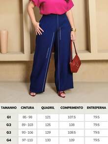 Women's Plus Size Wide-Leg Pants With Elastic Waistband, Button, And Zipper - Navy Blue - View 2